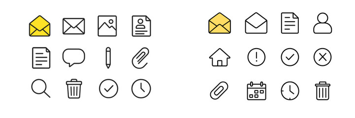 Poster - Modern icons collection featuring various symbols of communication, organization, and tasks in a simple black and yellow design