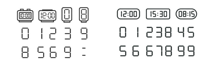 Poster - Digital clock display featuring various time formats and numerical sequences on a white background