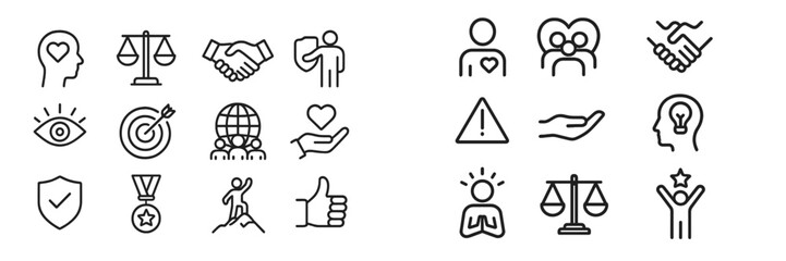 Poster - Collection of symbols representing ethics, community, and personal growth in a modern design