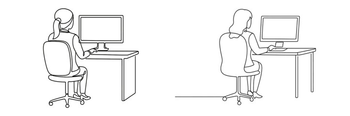 Poster - Two people working at desks using computers in a minimalist office setting during daylight hours, showcasing modern workspace designs