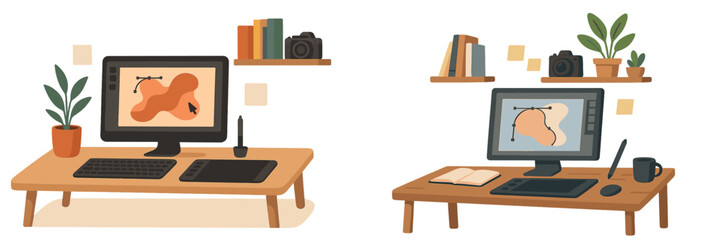 Poster - Stylish digital art workstations with creative tools in a bright room setting