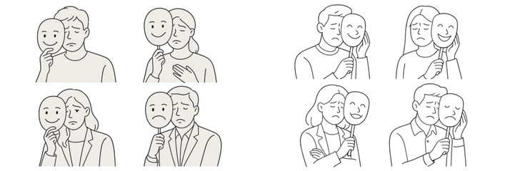 Aufkleber - Emotional expressions of joy and sadness depicted through masks in interpersonal interactions