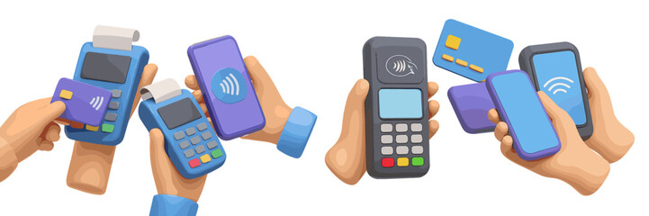 Fototapete - Hands demonstrate contactless payment methods with digital devices and cards in a contemporary setting