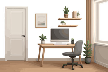 Aufkleber - Modern indoor workspace with wooden desk and greenery in bright, minimalist design
