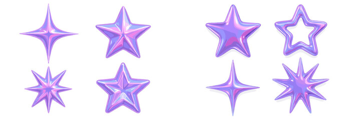 Poster - Shiny purple star shapes with a glossy finish, showcasing various styles and sizes in a minimalistic arrangement