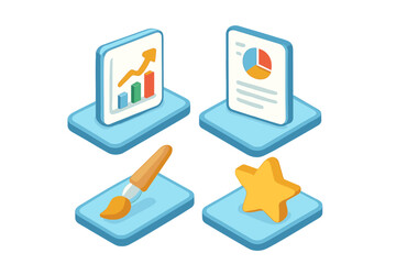 Aufkleber - Visual representations of data analysis tools include graphs, reports, and creative elements in a modern digital format