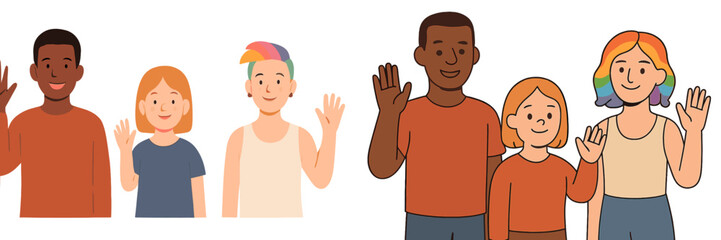 Poster - Diverse group of children waving at the camera outdoors in a community gathering
