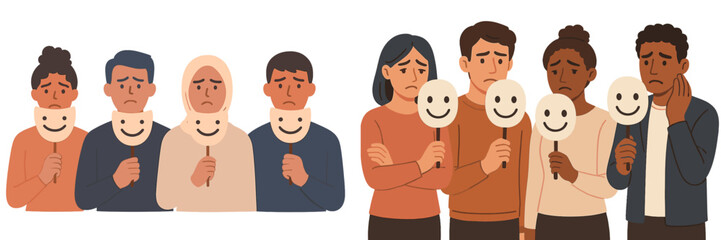 Poster - Emotions and masks: a group of diverse individuals express feelings through symbolic representations in a creative depiction