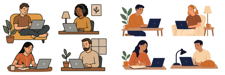Aufkleber - Remote workers engaged in various activities at home settings during daytime hours