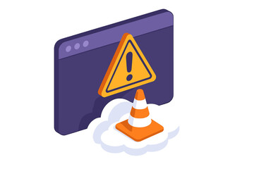 Aufkleber - Warning sign for website traffic issue with alert icon and construction cone on cloud background