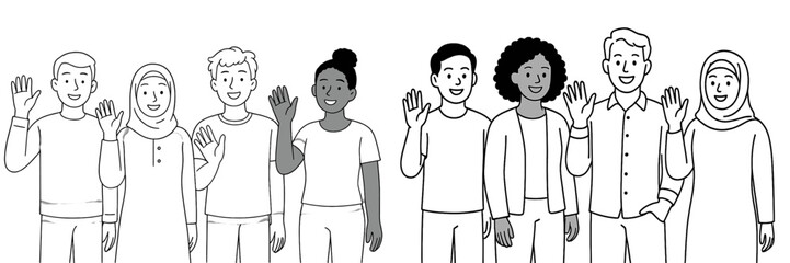 Aufkleber - Diverse group of individuals smiling and waving together in a friendly gathering during a sunny afternoon
