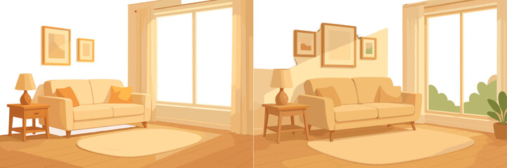 Poster - Modern living room interior contrasting natural light and warm decor with soft shapes and neutral colors