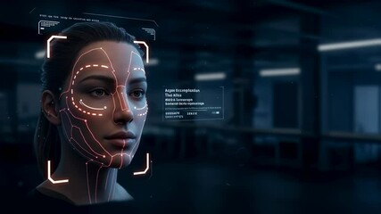 Poster - Female person's face being recognized by a facial recognition system with data displayed, access granted. Biometric security scan concept.