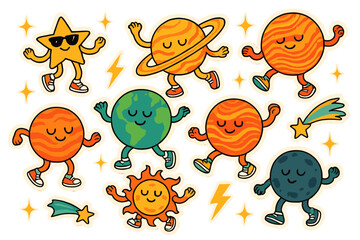 Aufkleber - Colorful cartoon planets and stars dancing joyfully in outer space with playful expressions and fun accessories