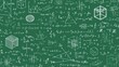 © Newleks - Chalk drawn scientific formulas and geometric shapes covering green chalkboard, forming seamless pattern for educational, scientific design backgrounds