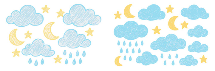 Poster - Colorful clouds and whimsical stars illustrate different weather patterns in a playful, artistic style