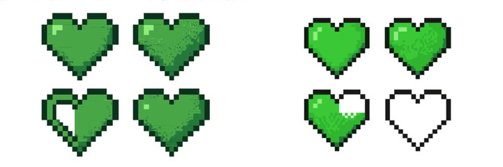 Poster - Representation of green hearts in pixel art style showing various shades and designs suitable for gaming or digital art contexts