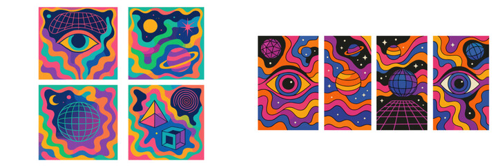 Aufkleber - Colorful abstract artwork featuring cosmic elements and geometric shapes in vibrant patterns