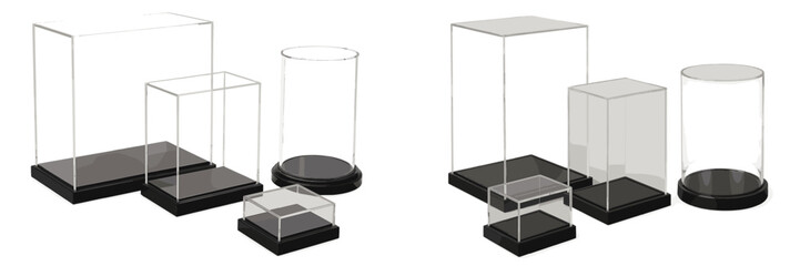 Aufkleber - Display cases of varying sizes arranged on a white surface for showcasing collectibles or art pieces