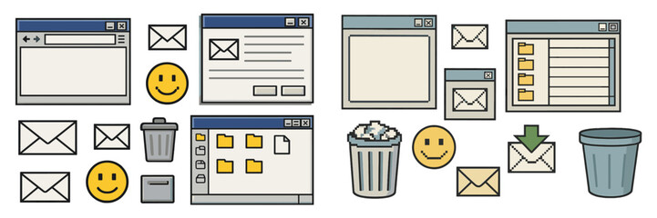 Aufkleber - Illustrations of computer screens, email icons, and digital files in a modern workspace setting