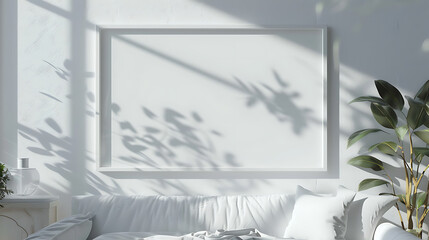 Leinwandbilder - A bright and airy living room features a blank white frame on the wall above a comfortable white couch, with plant shadows creating a calming and minimalist aesthetic