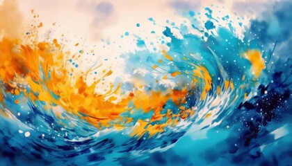Poster - vivid abstract ocean wave with orange splash explosion in dynamic motion, perfect for web design, poster, branding, or digital artwork background

