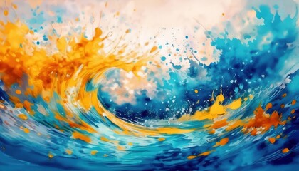 Poster - vivid abstract ocean wave with orange splash explosion in dynamic motion, perfect for web design, poster, branding, or digital artwork background

