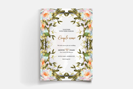 WEDDING INVITATION FRAME WITH FLOWER DECORATIONS AND FRESH LEAVES