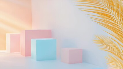 Poster - Pastel Geometric Cubes in Abstract Setting with Golden Leaves and Soft Lighting