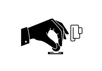 Poster - A hand in a suit putting a coin into a slot with a coin acceptor icon to the right side of it