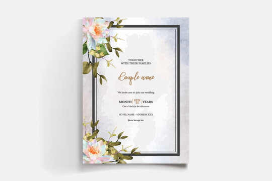 WEDDING INVITATION FRAME WITH FLOWER DECORATIONS AND FRESH LEAVES