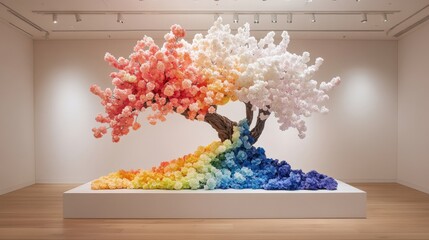Poster - Large colorful artificial cherry blossom tree sculpture with pink, white, yellow, green, blue, and purple blossoms displayed in a modern gallery space