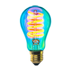 Poster - colorful vintage light bulb with spiral filament, glowing brightly. bulb features unique design with vibrant colors, adding modern touch to classic lighting