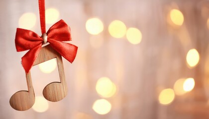 Poster - festive wooden musical note ornament with red bow, ideal for new year web design, print media, branding