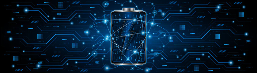 Poster - Battery technology concept with power circuit board. The future of fast electric battery charging	