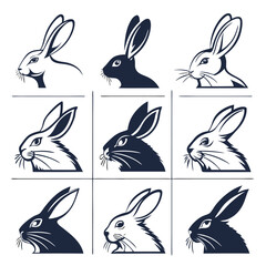 Poster - Nine stylized rabbit head silhouettes in various black and white design variations