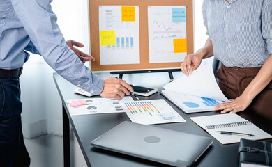Poster - Two business colleagues pointing on document chart to brainstorming about new startup project and putting post it notes