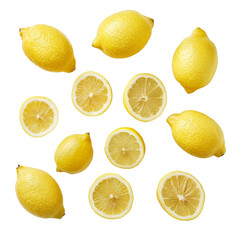 Poster - Fresh lemons and lemon slices arranged artistically on transparency background, showcasing their vibrant yellow color and juicy texture. Perfect for culinary or beverage themes
