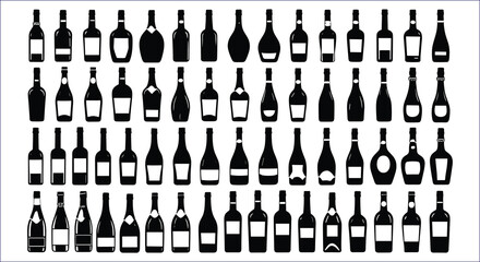Diverse Silhouettes Of Wine And Champagne Bottles In Black On White
