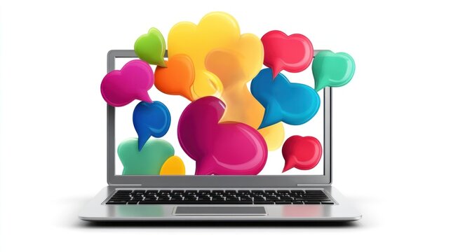 Colorful speech bubbles emerging from a laptop screen showcasing communication and digital interaction concepts