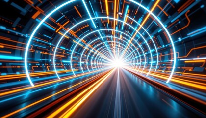 Fototapete - Dynamic Light Trails in a Futuristic Tunnel Abstract Visualization Digital Artwork Tech Vibe
