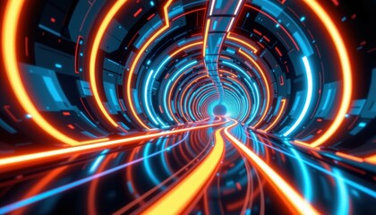 Fototapete - Dynamic Neon Light Trails Futuristic Tunnel Digital Art Virtual Environment Eye-Level View