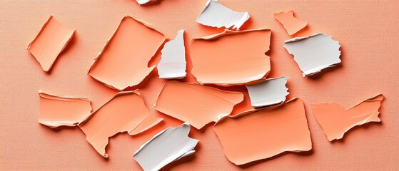 Poster - Fragmented torn paper pieces scattered on pastel peach background with edges and varied sizes