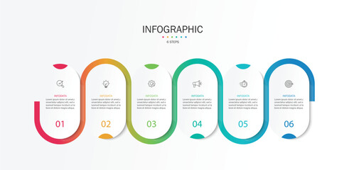 Poster - Infographic line curve. Timeline 6 Key Points. Business Presentation , Report, Marketing, Timeline and Planning. Vector Illustration.