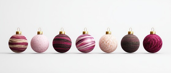 Poster - Elegant display of seven colorful Christmas ornaments with glossy finish and textured surface on a white background
