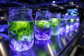 Poster - Colorful jars filled with glowing liquid display at a science exhibit in the evening