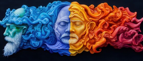Poster - Vibrant artistic representation of human faces and hair in vivid rainbow colors with intricate details and abstract style