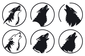 Poster - Simple vector wolf silhouette howling within circular frame animal logo design elements