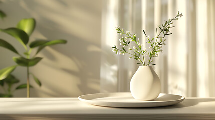 Leinwandbilder - White vase holding delicate flowers sits on a table with soft light and shadows creating a serene and minimalist home decor scene