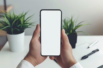 Cropped Shot of a Man Using Mock Up Smartphone While Standing at Worktable in Office Room